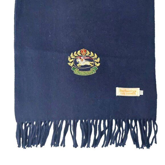 Vintage Burberry Solid Navy Blue Embroidered Prorsum Logo 100% Cashmere Scarves - Picture 1 of 5